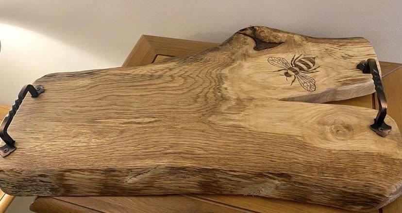 Solid Oak Serving / Charcuterie Board with Cast Iron Handles